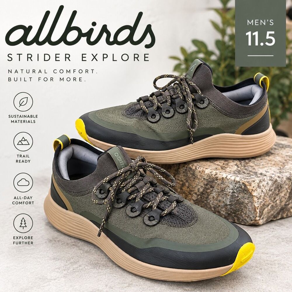 Allbirds Strider Explore Men’s 11.5 Trail Sneakers Green Yellow Hiking Shoes
